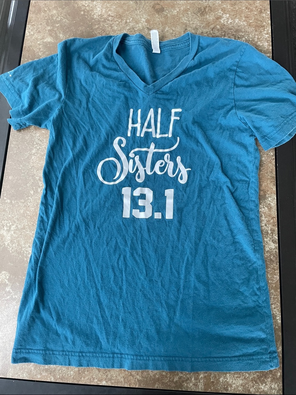 Women’s Canvas(Bella+Canvas)Teal V-Neck Tee with White 'Half Sisters 13.1' Print